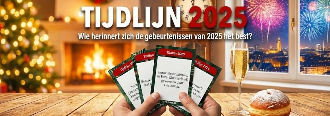 Tijdlijn 2025 quizspel: kaarten met krantenkoppen op een feestelijke tafel voor oudjaar.